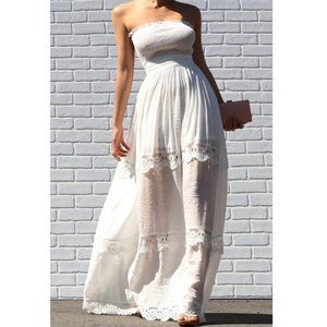 Boho Strapless Crochet Lace Trim Maxi Dress Bohemian White Long Dress